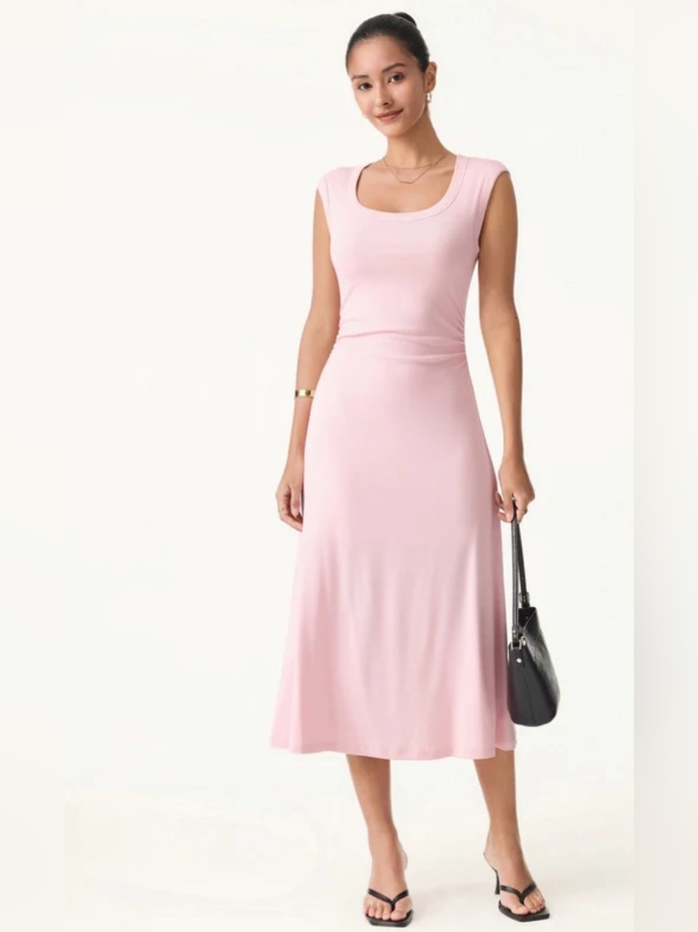 OGL Eco-SkinKiss Scoop Neck Side Ruched New Airy Bra Midi Dress pink small new